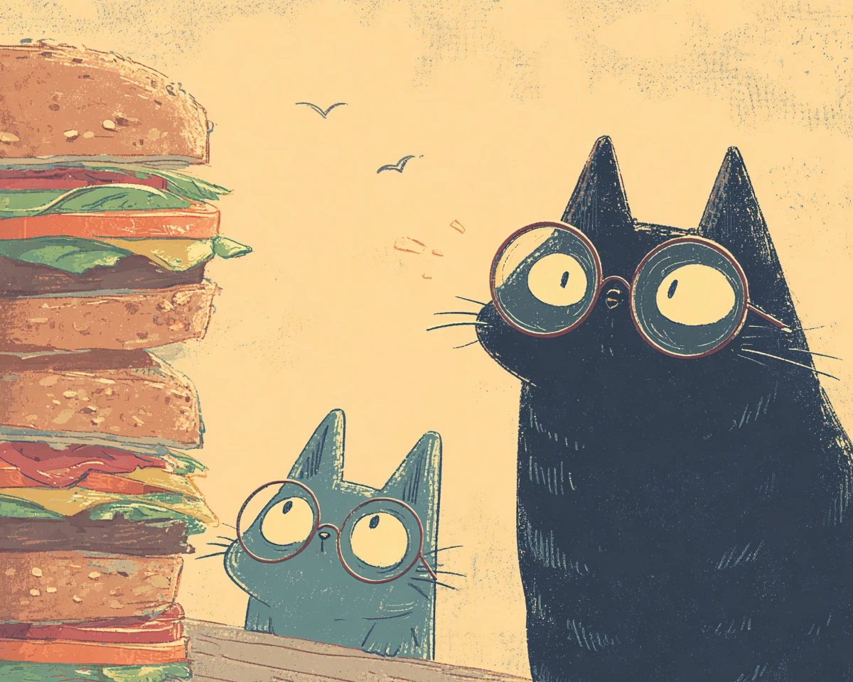 Gatos padre e hijo en dibujo animado sorprendidos por un sándwich alto
