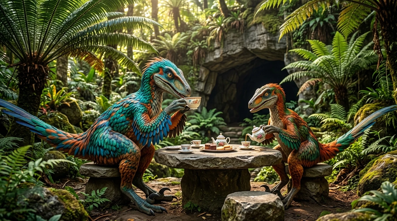 Velociraptores coloridos tomando chá em uma floresta pré-histórica