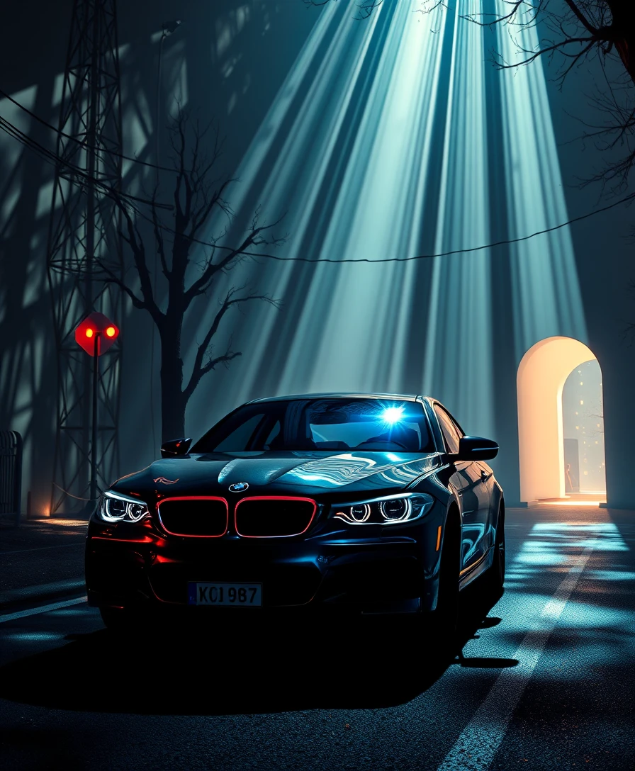 Carro surreal dirigindo por sombras dramáticas em um espaço de fantasia