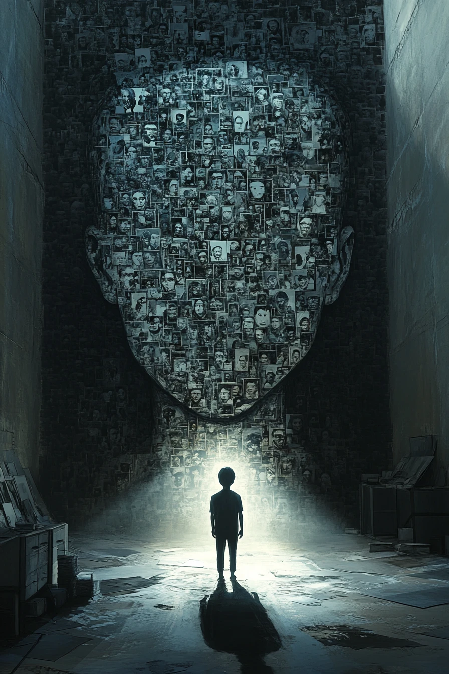Artista de IA bajo el foco proyectando un collage de rostros humanos