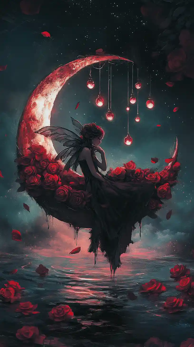 Melancholic Fairy Resting On A Cracked Crescent Moon