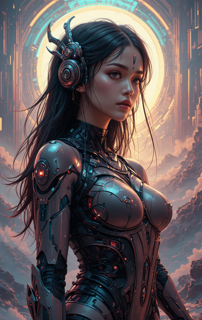 Mulher ciborgue futurista em vórtice digital neon surreal