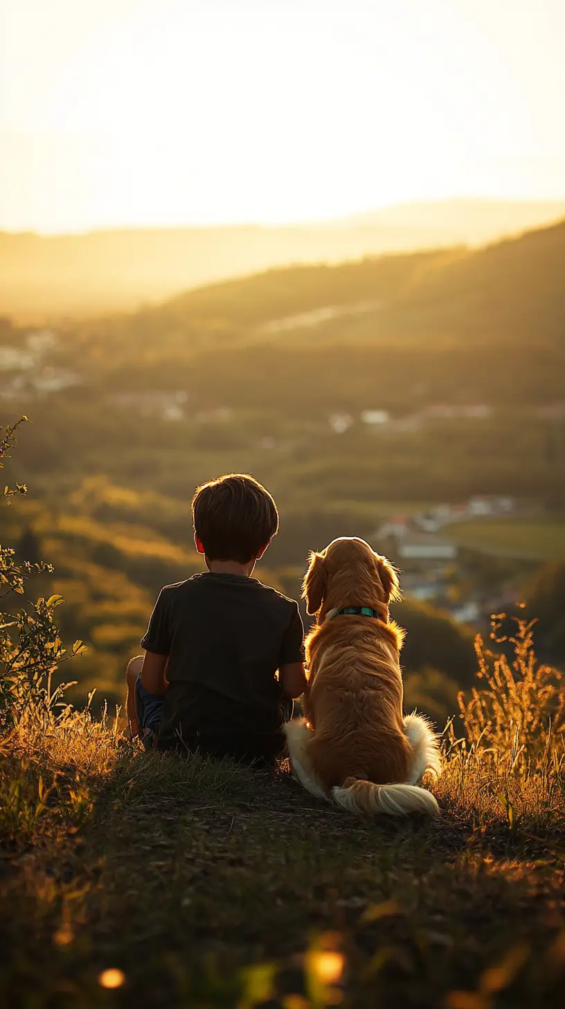 Junge mit Golden Retriever auf einem Hügel bei goldener Stunde