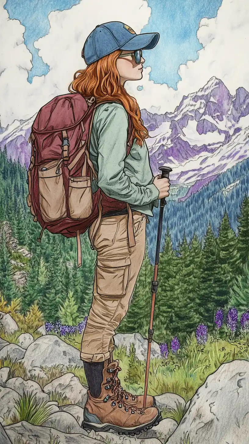 Giovane escursionista di profilo davanti a un paesaggio montano