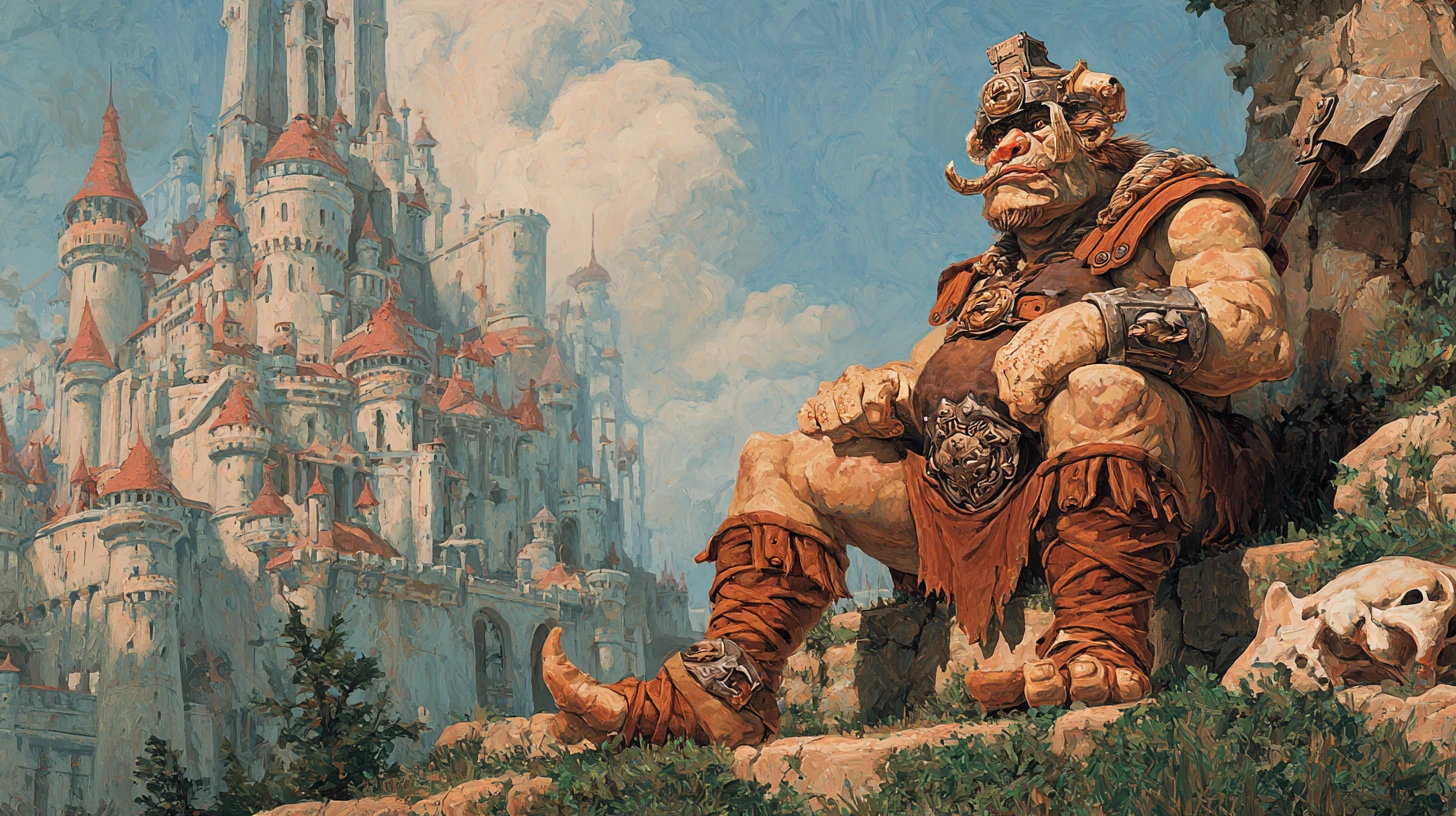 Rei troll majestoso com machado diante de um grande castelo de pedra