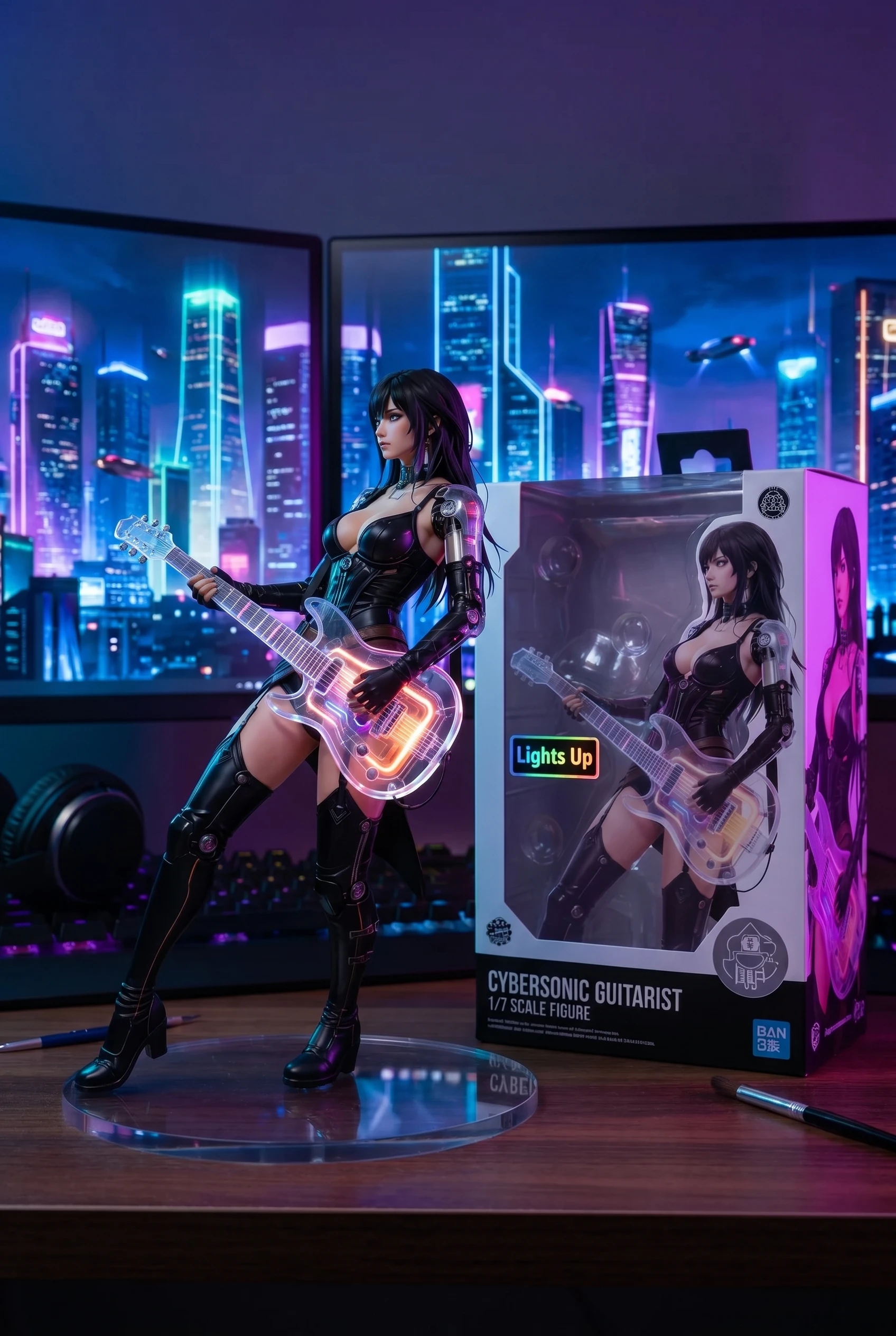 Cidade de Neon Futurista Refletida na Tela do Monitor Desktop