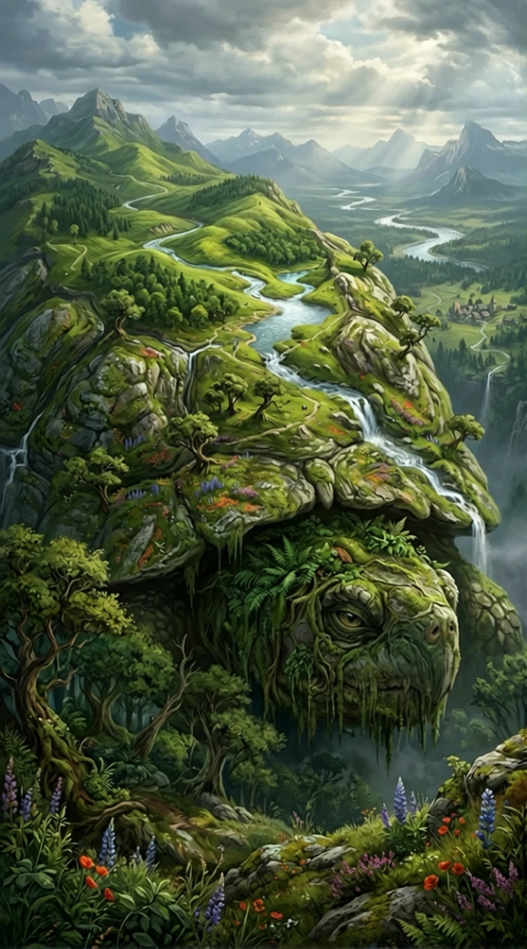 Riesige moosbedeckte Schildkröte formt surreale grüne Hügel