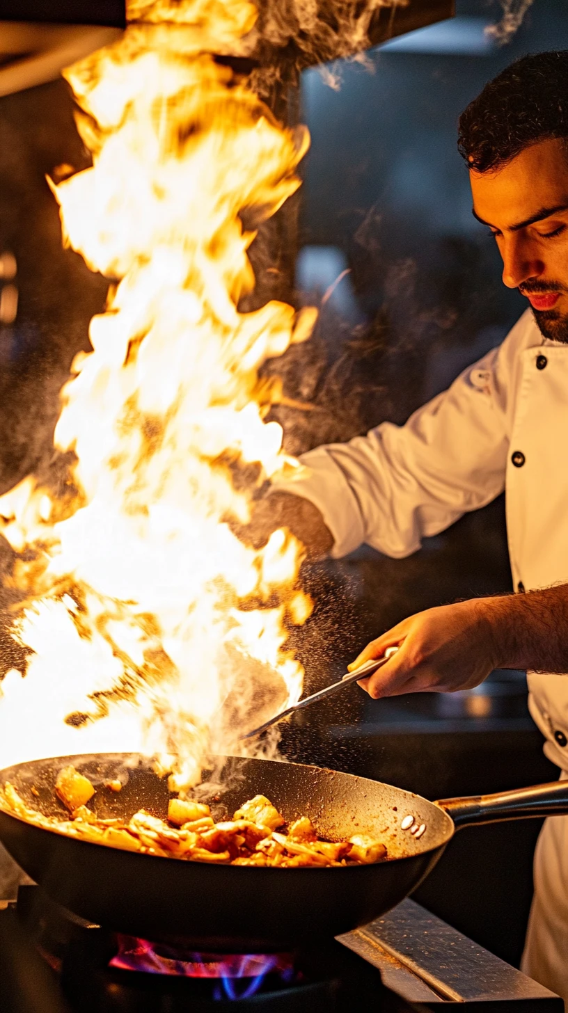 Chef cooking over rising flames in an open kitchen