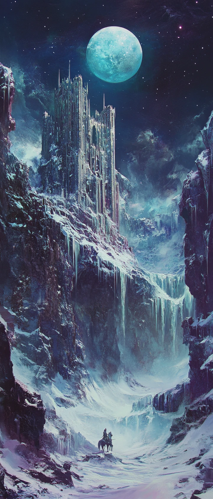 Castelo em ruínas ao luar sobre um vale nevado de fantasia