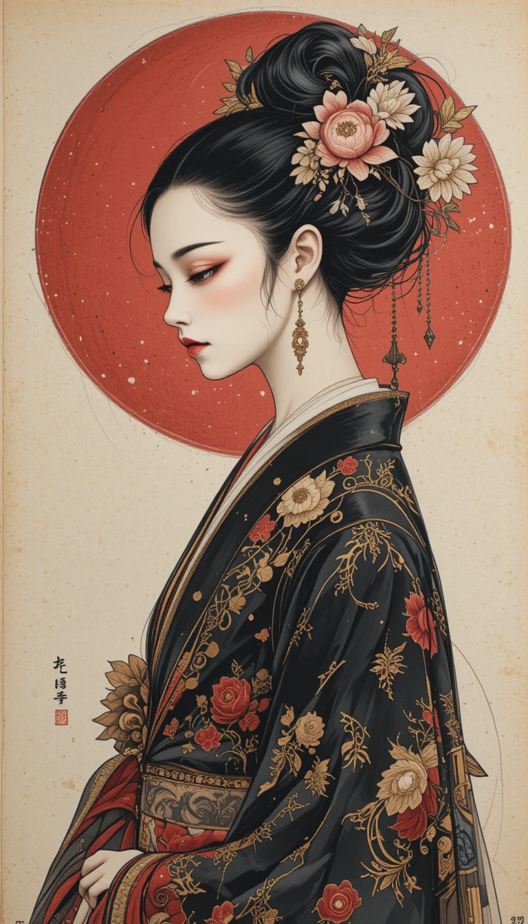 Elegantes Profil einer Frau im kunstvoll floralen Kimono