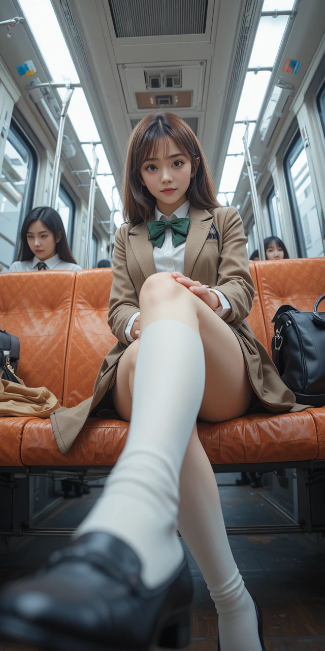 Anime schoolgirl sitting in a train from a low angle