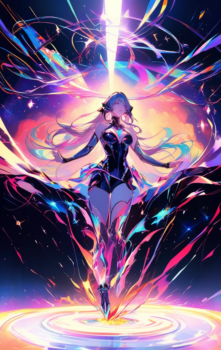 Donna cyborg futuristica circondata da energia mistica al neon