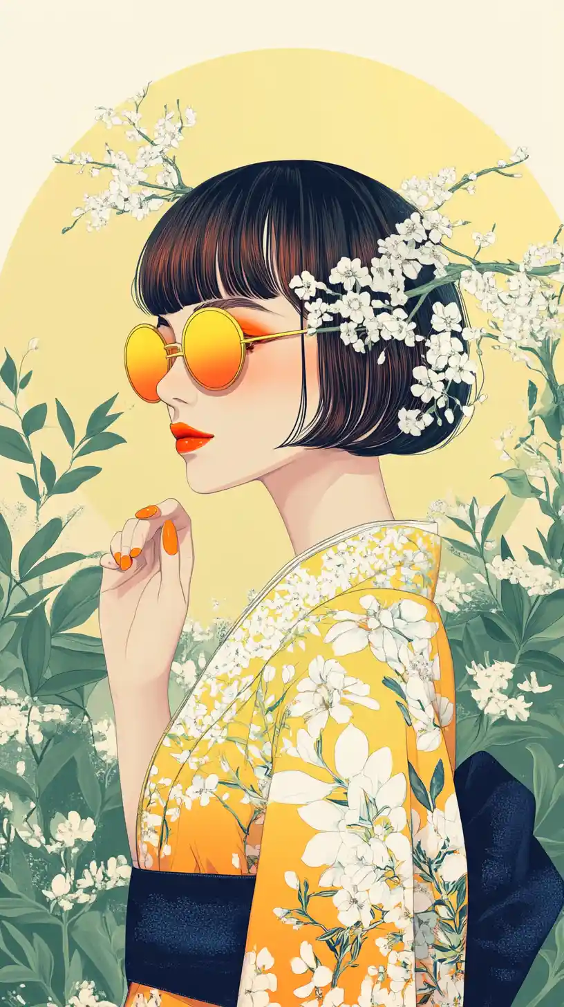 Elegant anime woman in yellow kimono with floral backdrop
