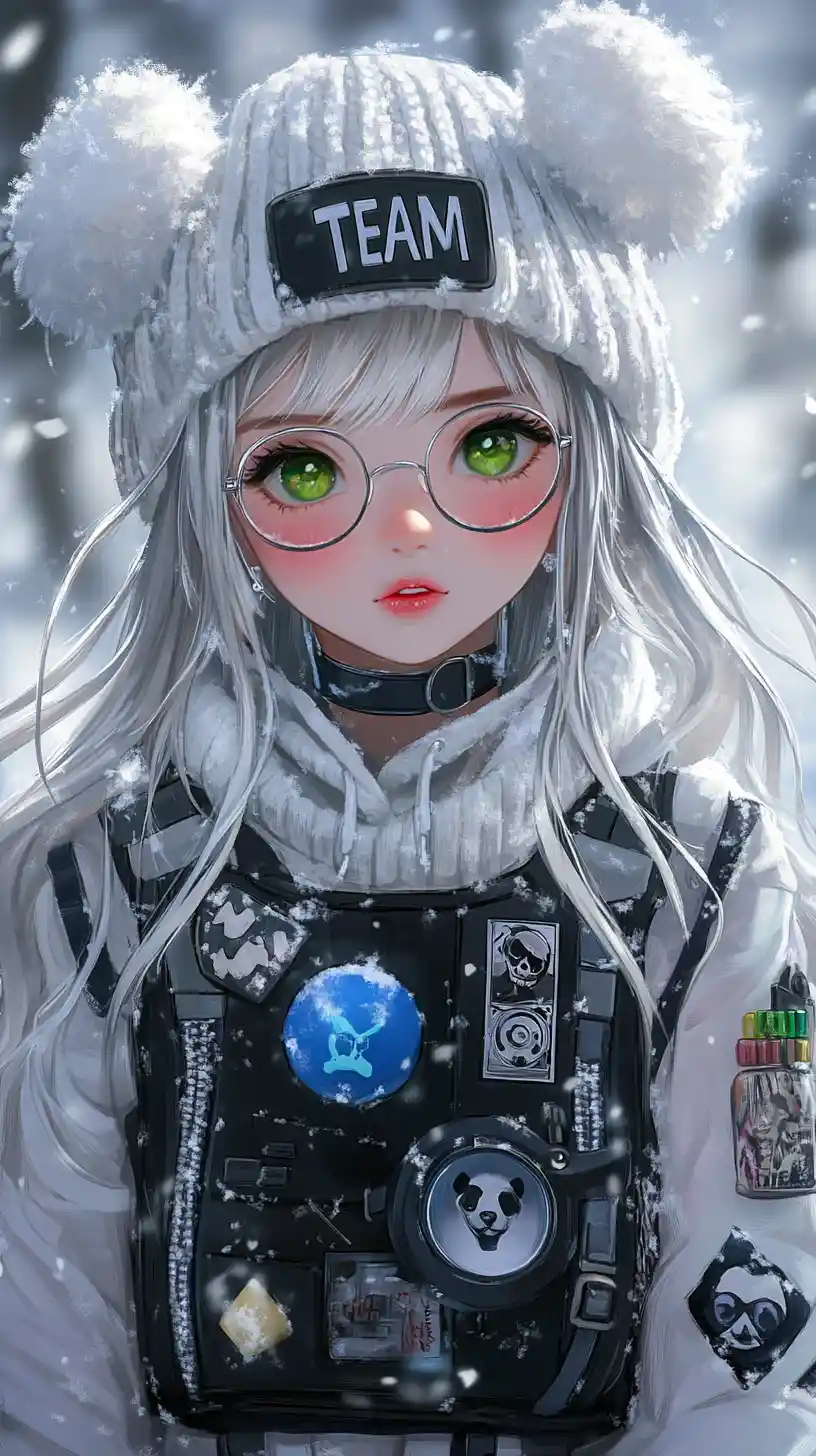 Anime-Mädchen in Techwear mit weißer Mütze im fallenden Schnee
