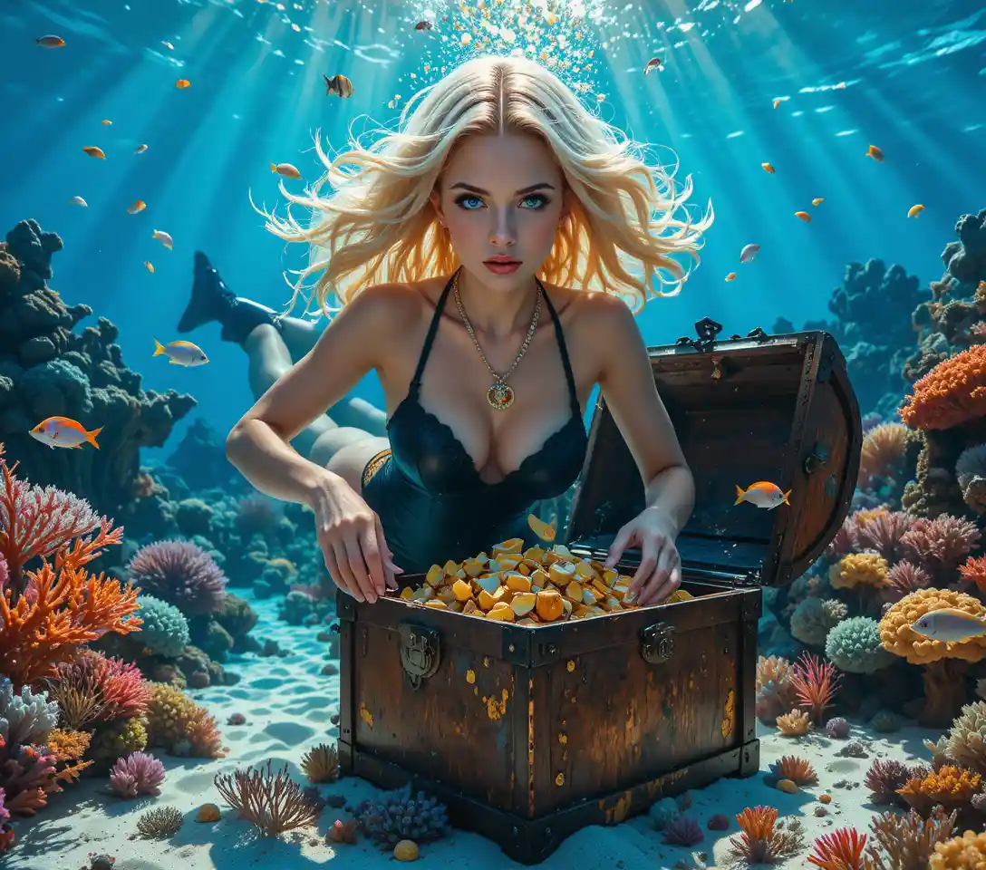 Blonde diver reaching for treasure in a sunlit shipwreck