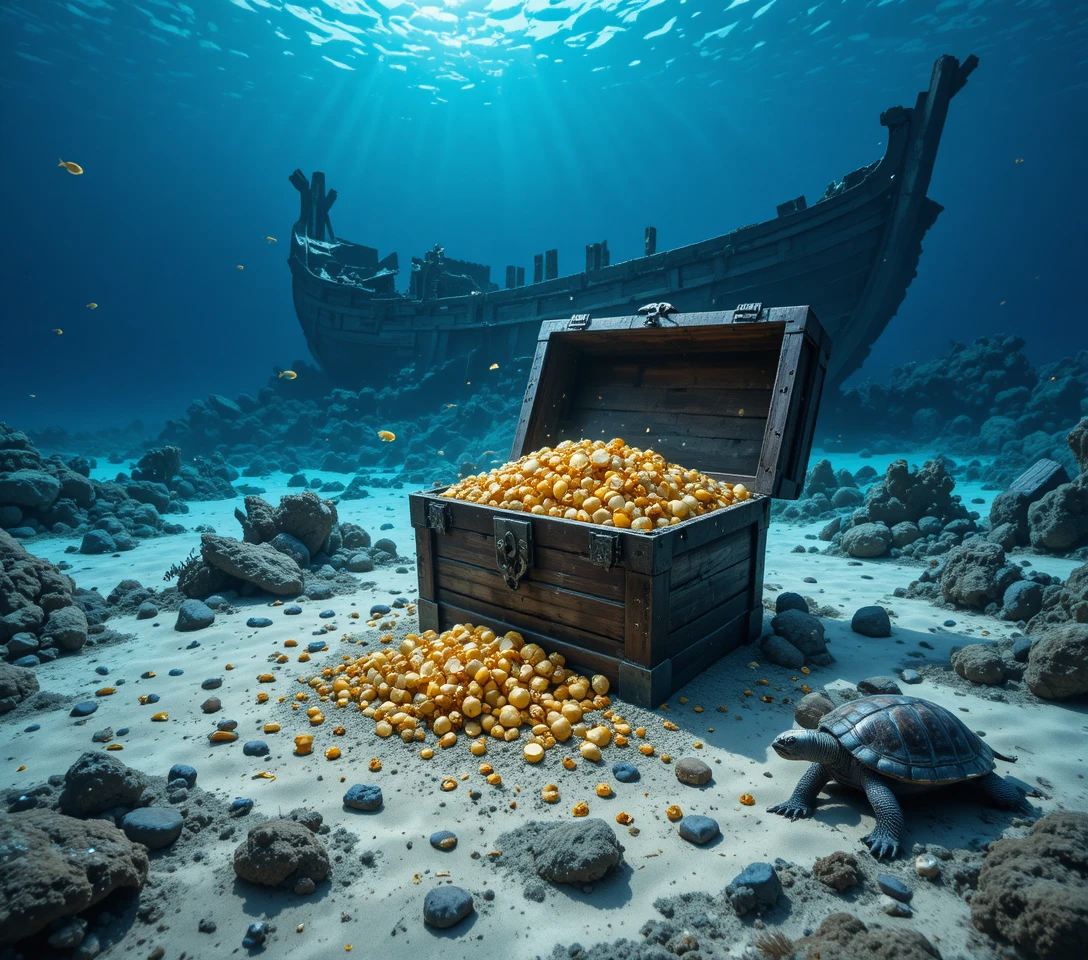 Unterwasser-Schatztruhe zwischen antiken Ruinen und Meeresleben