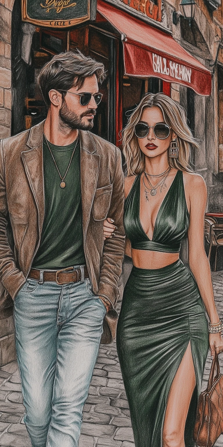 Stylish couple walking on a cobblestone European city street