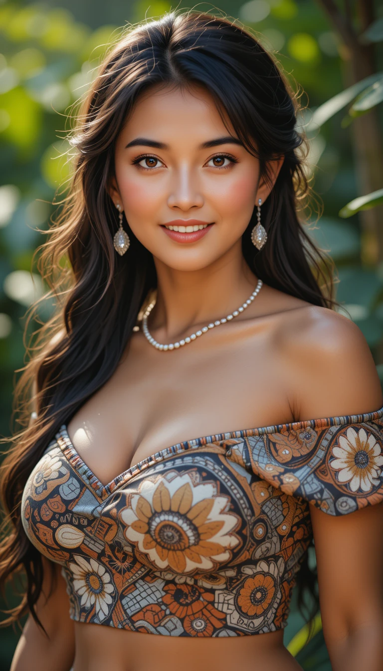 Joven mujer samoana sonriendo en un retrato en un jardín tropical