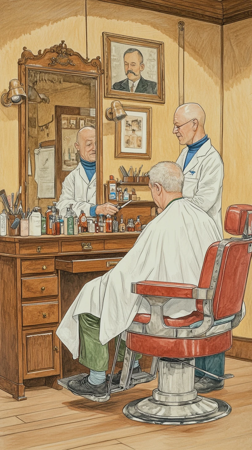Barbiere calvo che taglia i capelli a un uomo anziano in un barbershop vintage