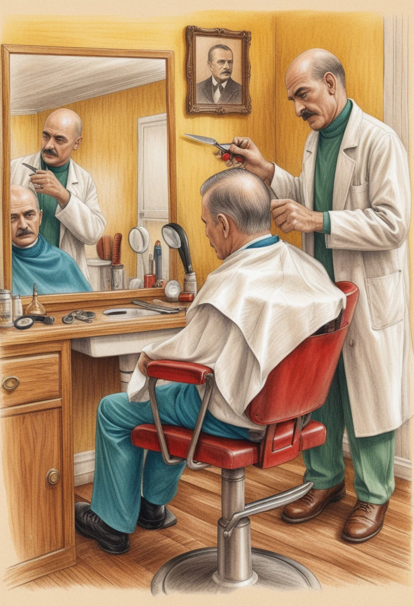 Barbiere calvo che taglia i capelli a un uomo anziano in un barbiere vintage