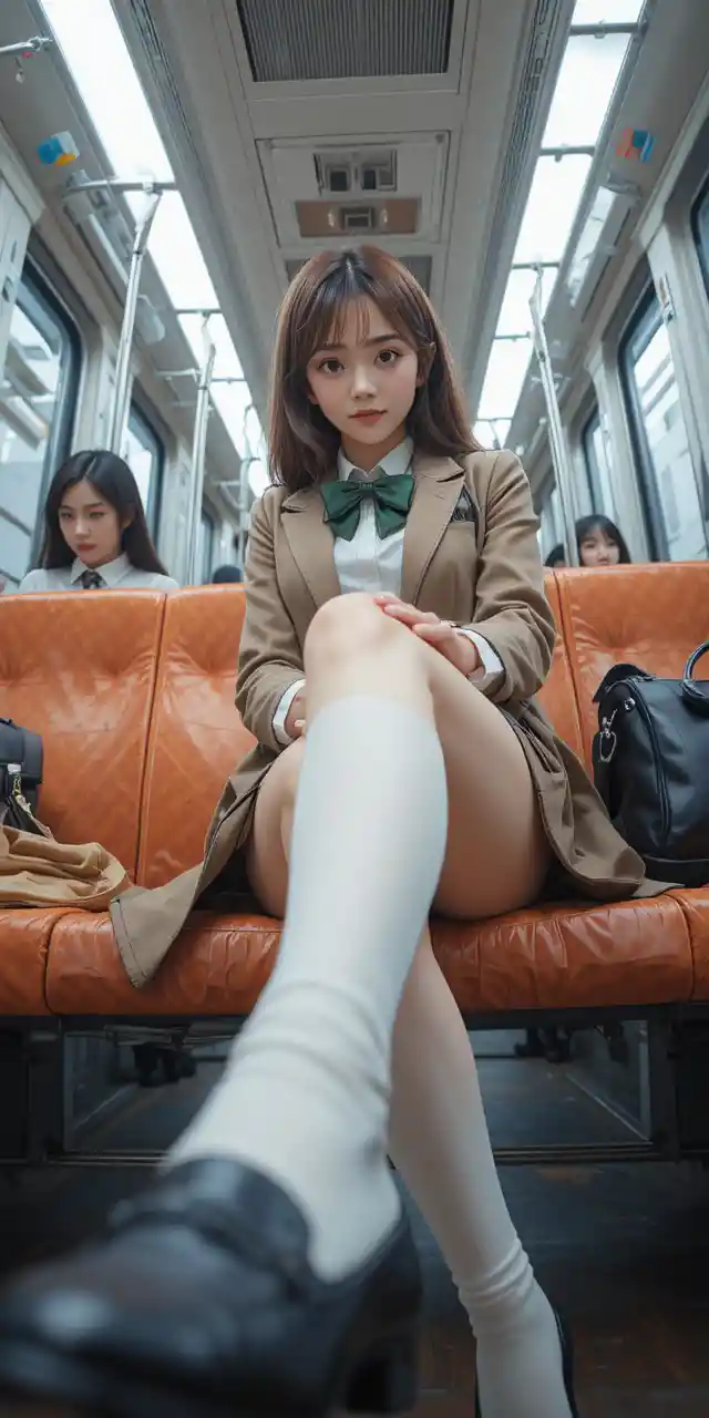 Anime schoolgirl sitting in a train from a low angle