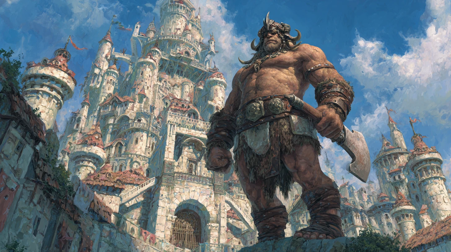 Rei Troll Majestoso Diante de um Grandioso Castelo de Pedra Fantástico