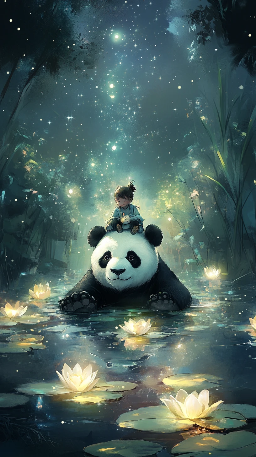 Criança montando em um panda gigante sobre vitórias-régias luminosas