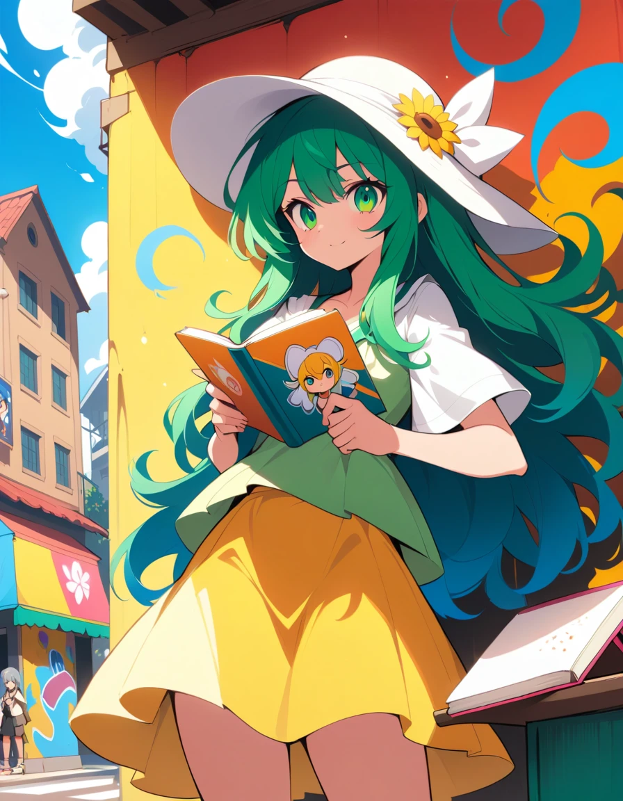 桜の下で公園のベンチに座って本を読むアニメ少女