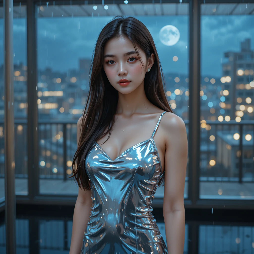 銀色吊帶洋裝的韓國女子站在鏡面玻璃地板上