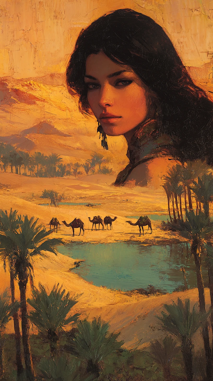 Arab desert goddess standing by a glowing oasis pool