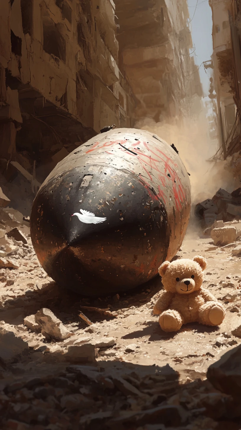 Bomba não detonada e urso de pelúcia na luz de uma cidade em ruínas