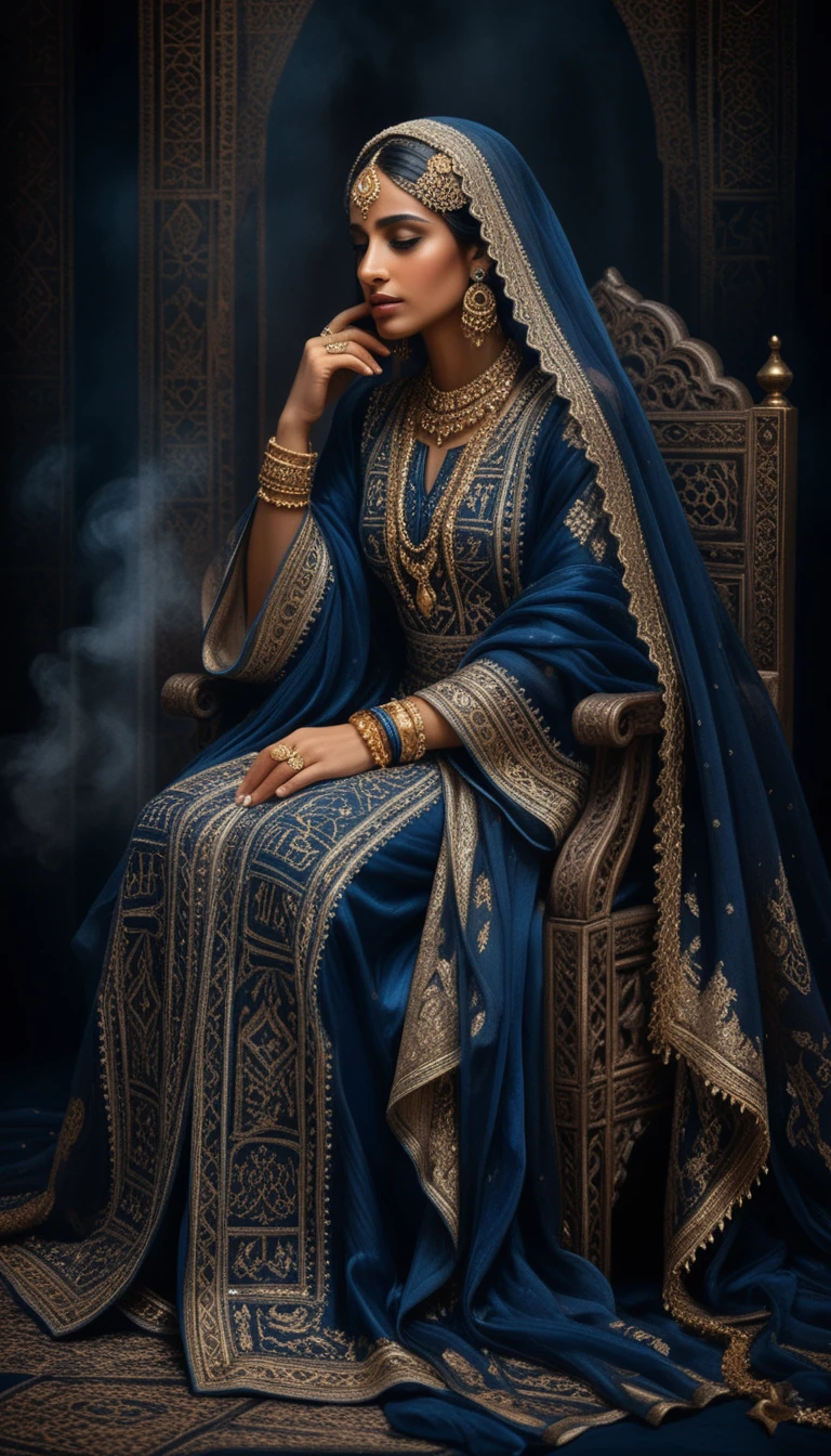 Mulher árabe em cadeira ornamentada com vestido tradicional azul e dourado