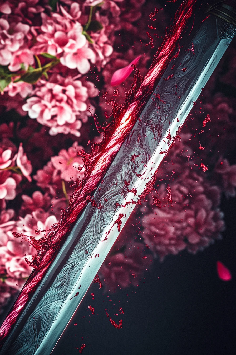 Espada forjada com dobras marcadas pelo fogo e fundo floral