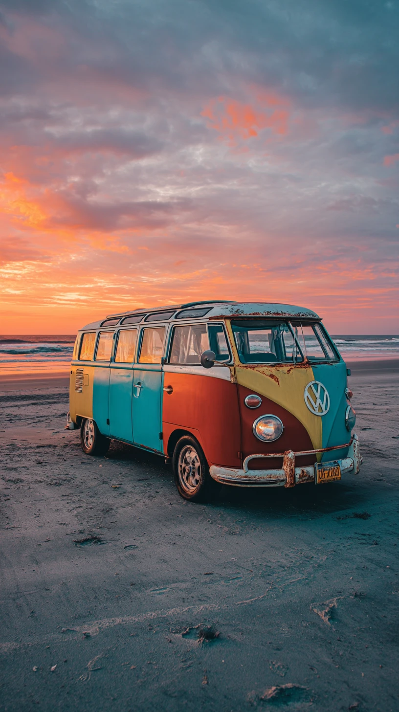Fourgon vintage coloré garé sur une plage au coucher du soleil