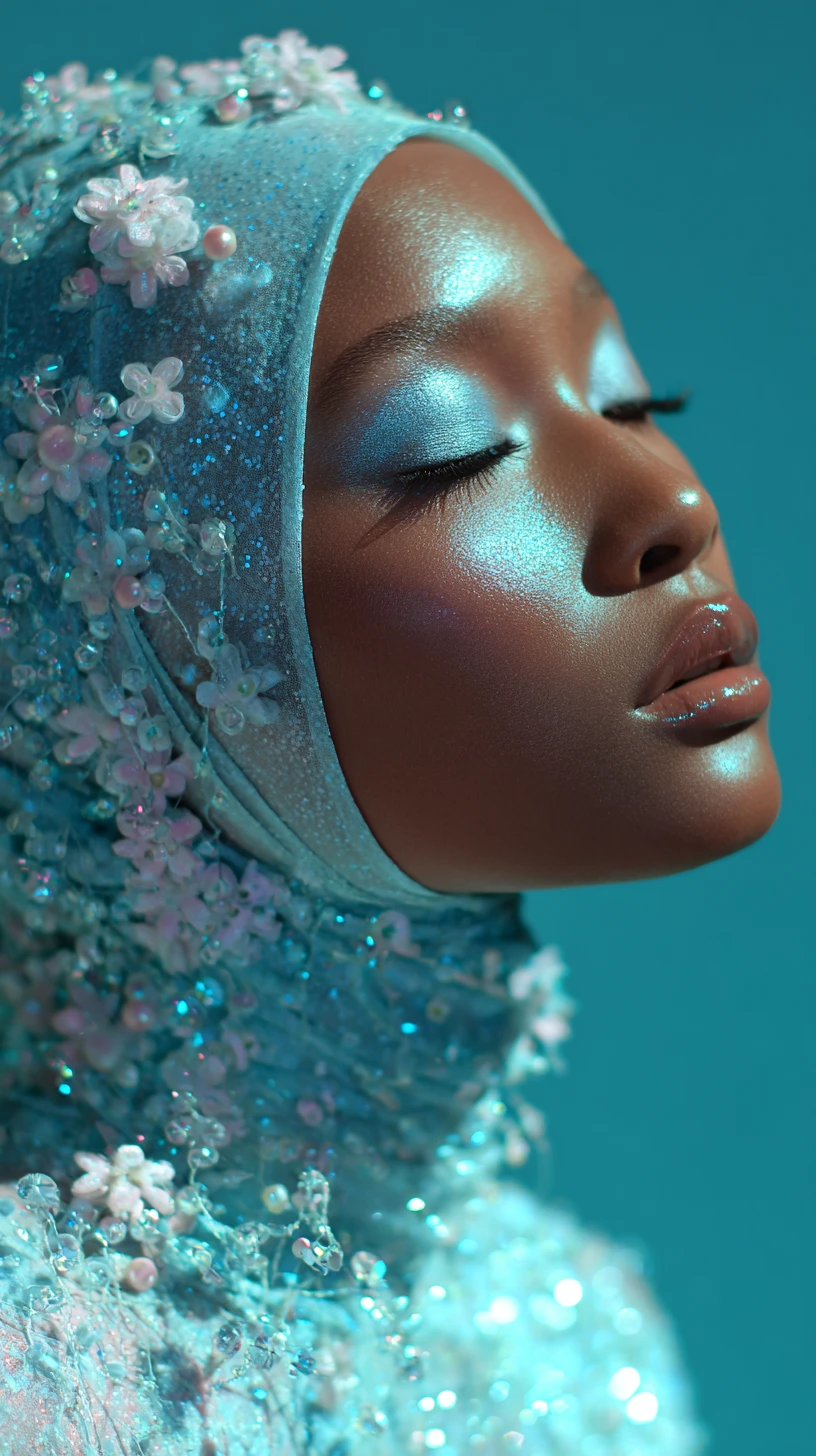 Serene woman in blue hijab under soft glowing light
