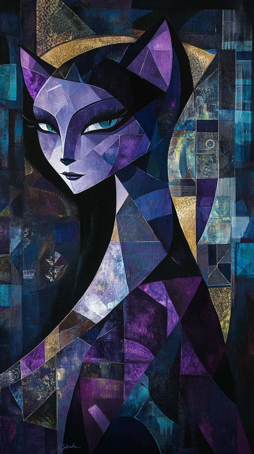 Mujer cubista abstracta entrelazada con un elegante gato dorado