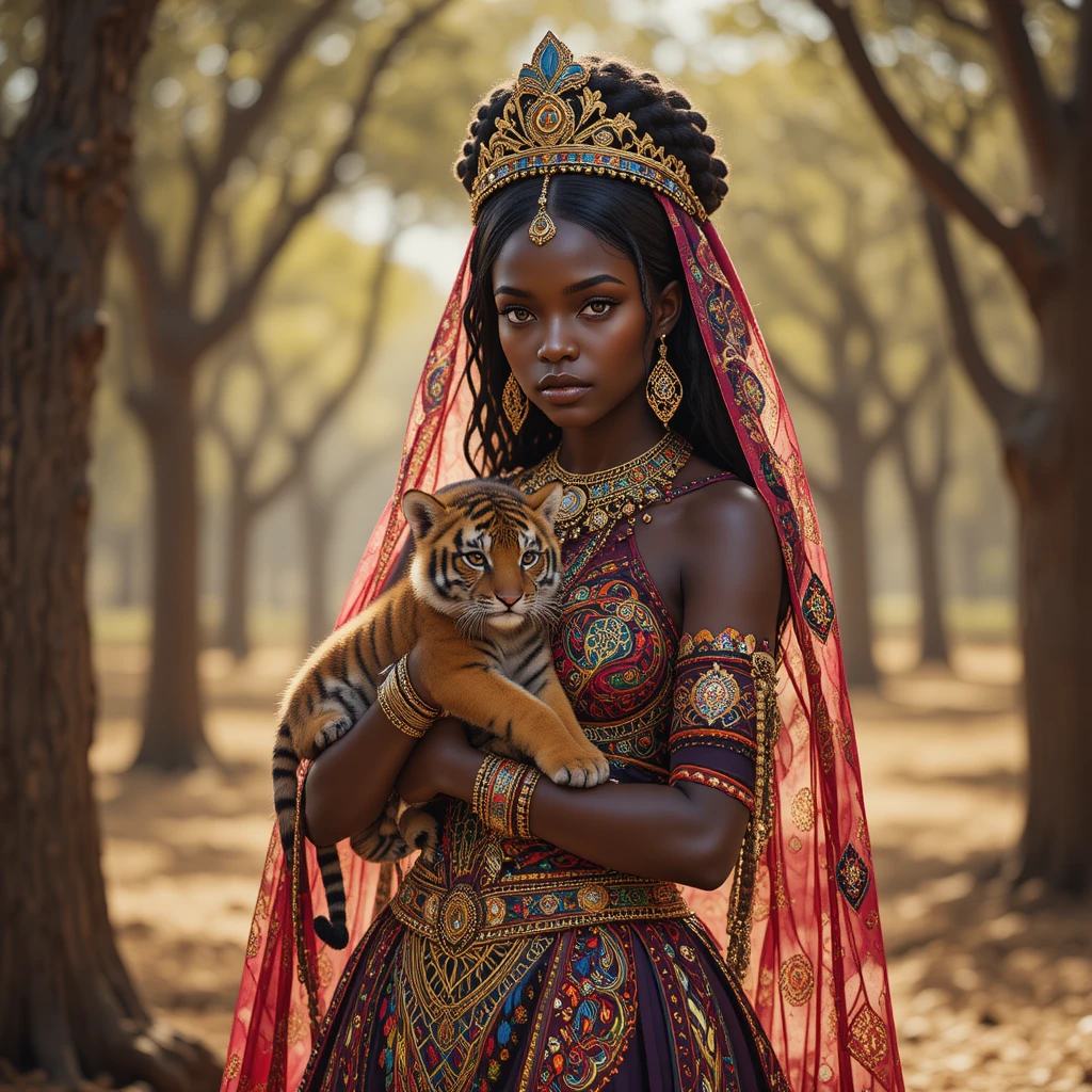Mulher africana com vestido ornamentado segurando um filhote de tigre