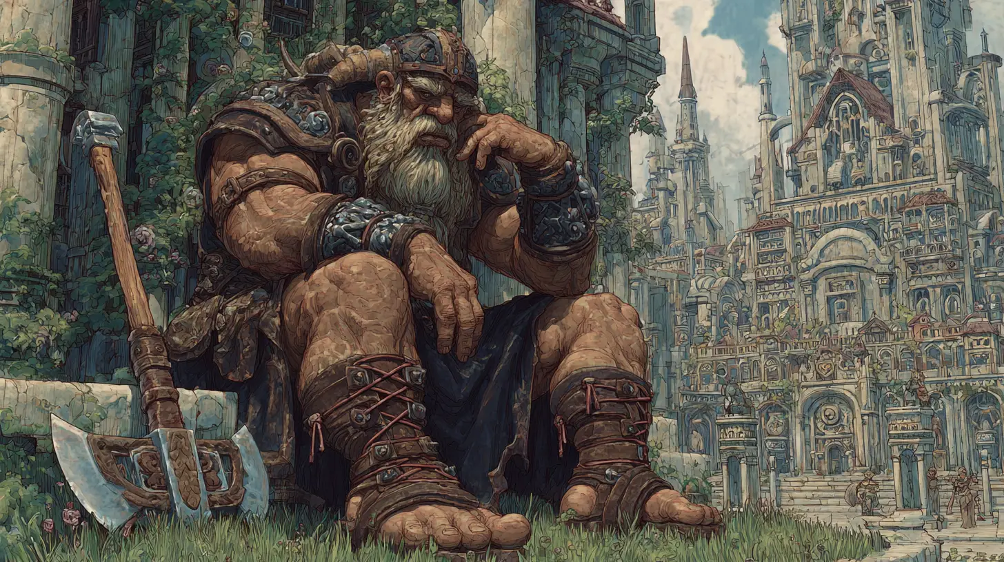 Regal Troll King With Battle Axe Before A Stone Castle