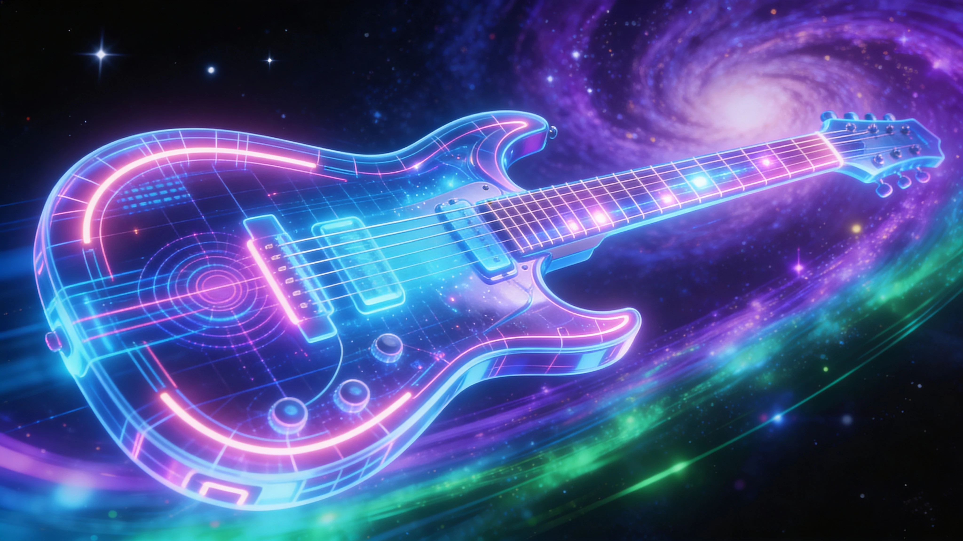 Guitarra de néon futurista flutuando no espaço sideral profundo
