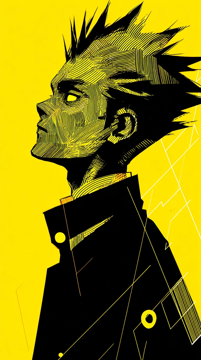 Homem de anime estilizado em perfil nítido preto e amarelo