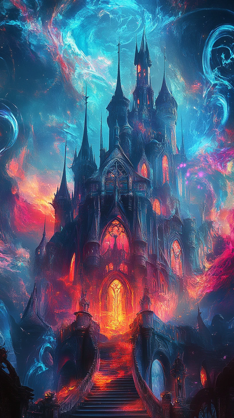 Castelo gótico em meio a fumaça colorida e luz em redemoinho