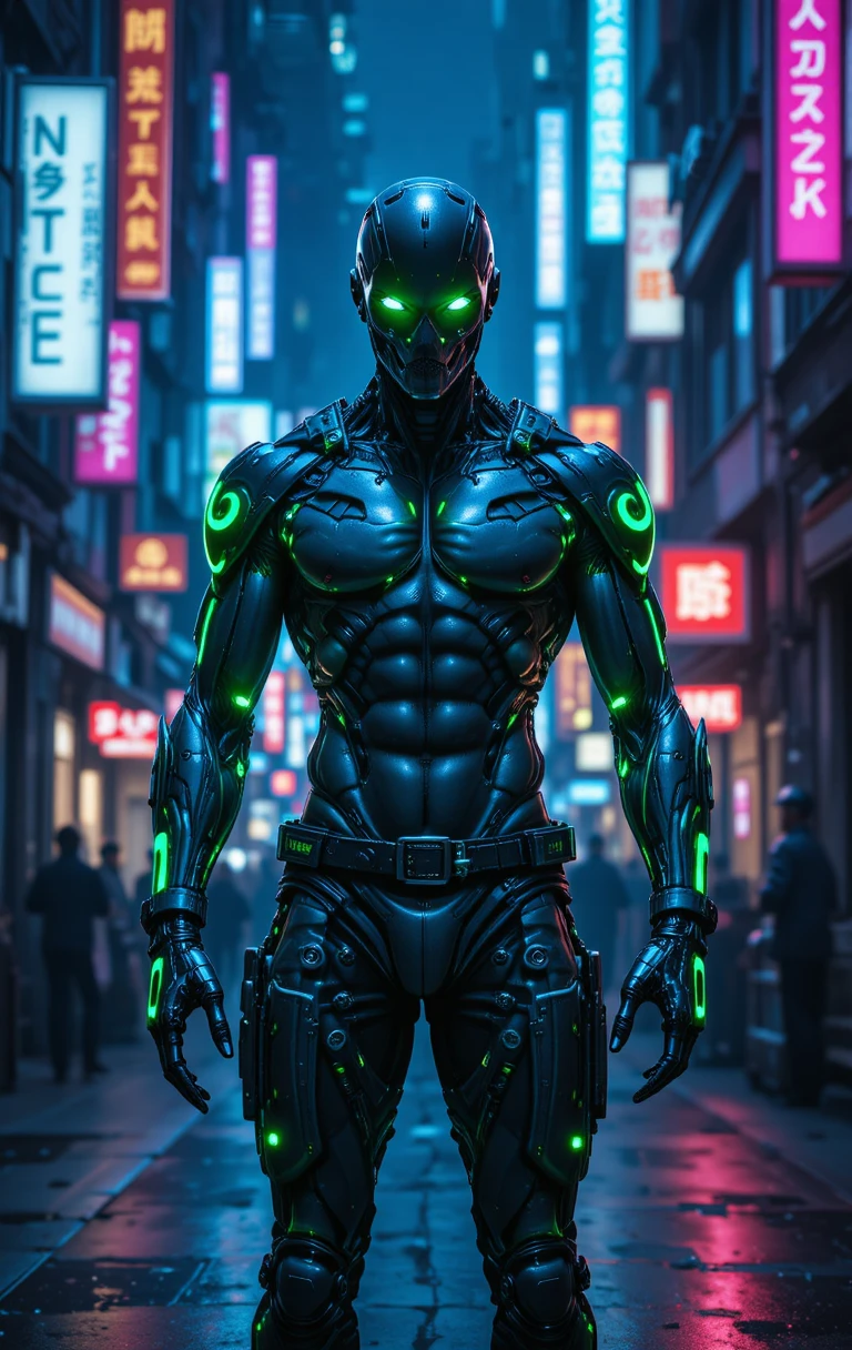 Lutador ciborgue em rua neon de cidade cyberpunk