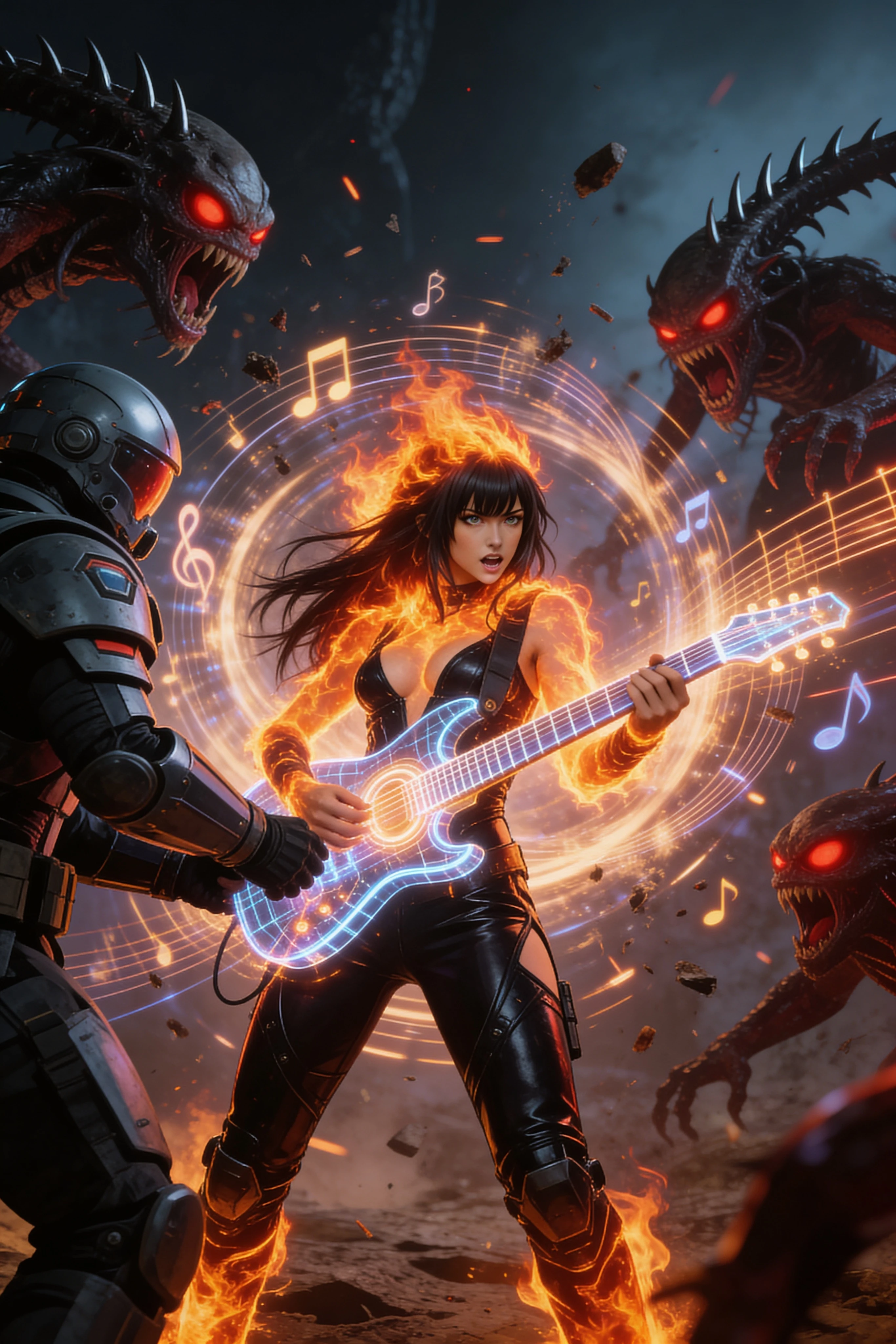 Female rock guitarist on the front line of a sci fi battle