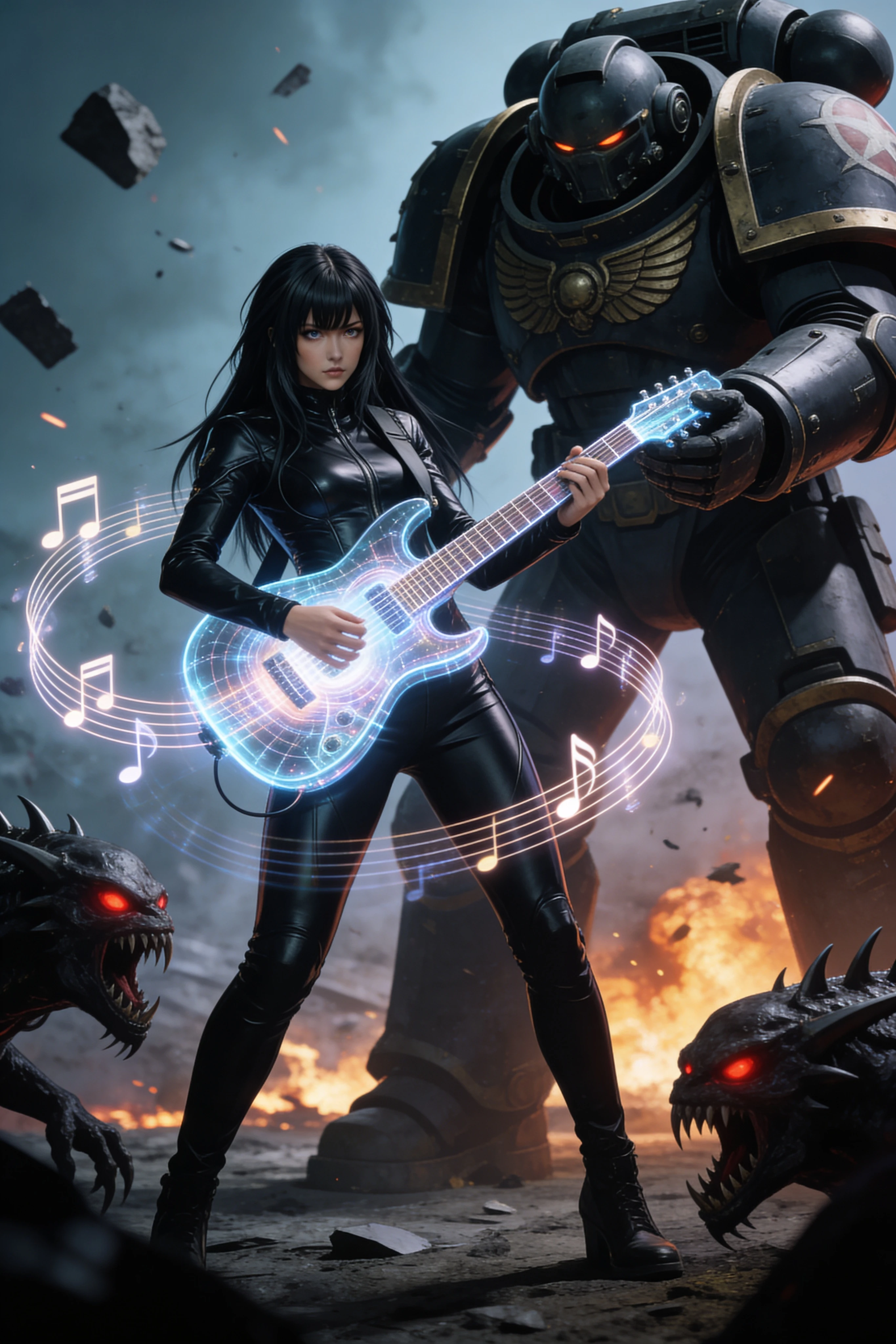 Rockstar donna con chitarra olografica su campo di battaglia alieno