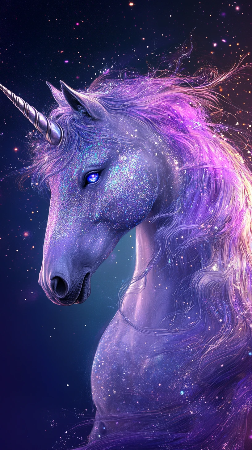 Unicornio etéreo bajo un cielo estrellado con colores centelleantes