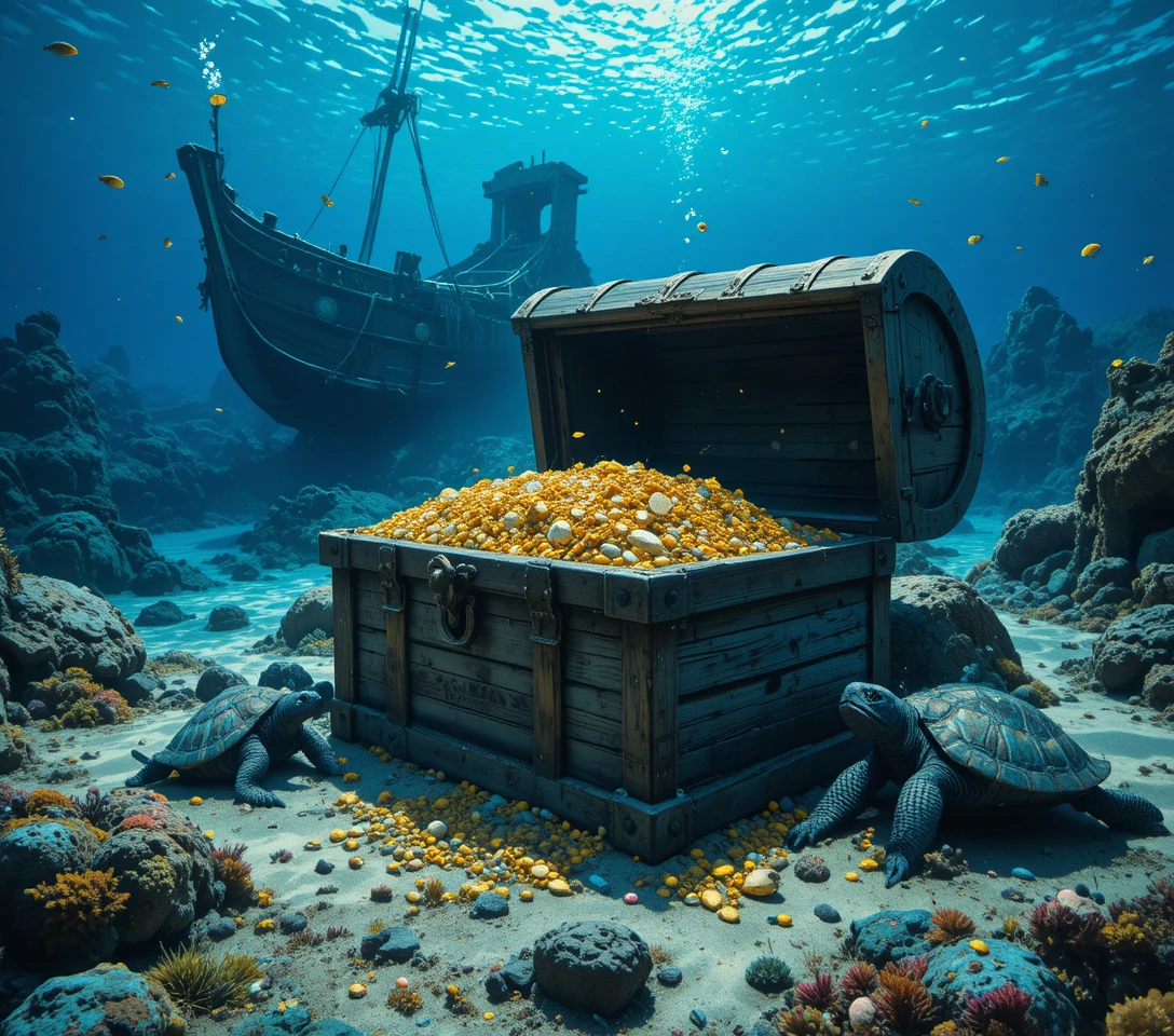 Unterwasser-Schatztruhe zwischen Ruinen und Meeresleben