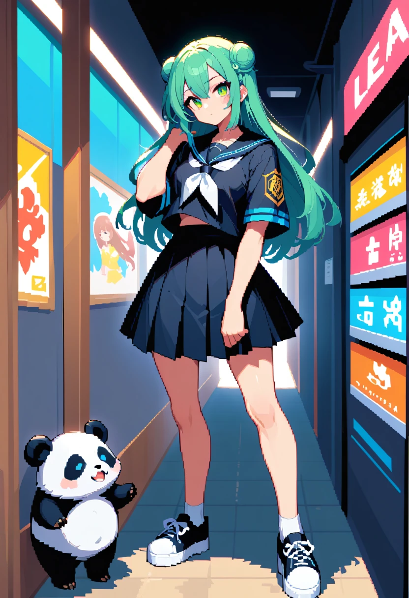 Anime-Mädchen mit Panda-Plüschtier in einem modernen Einkaufszentrum