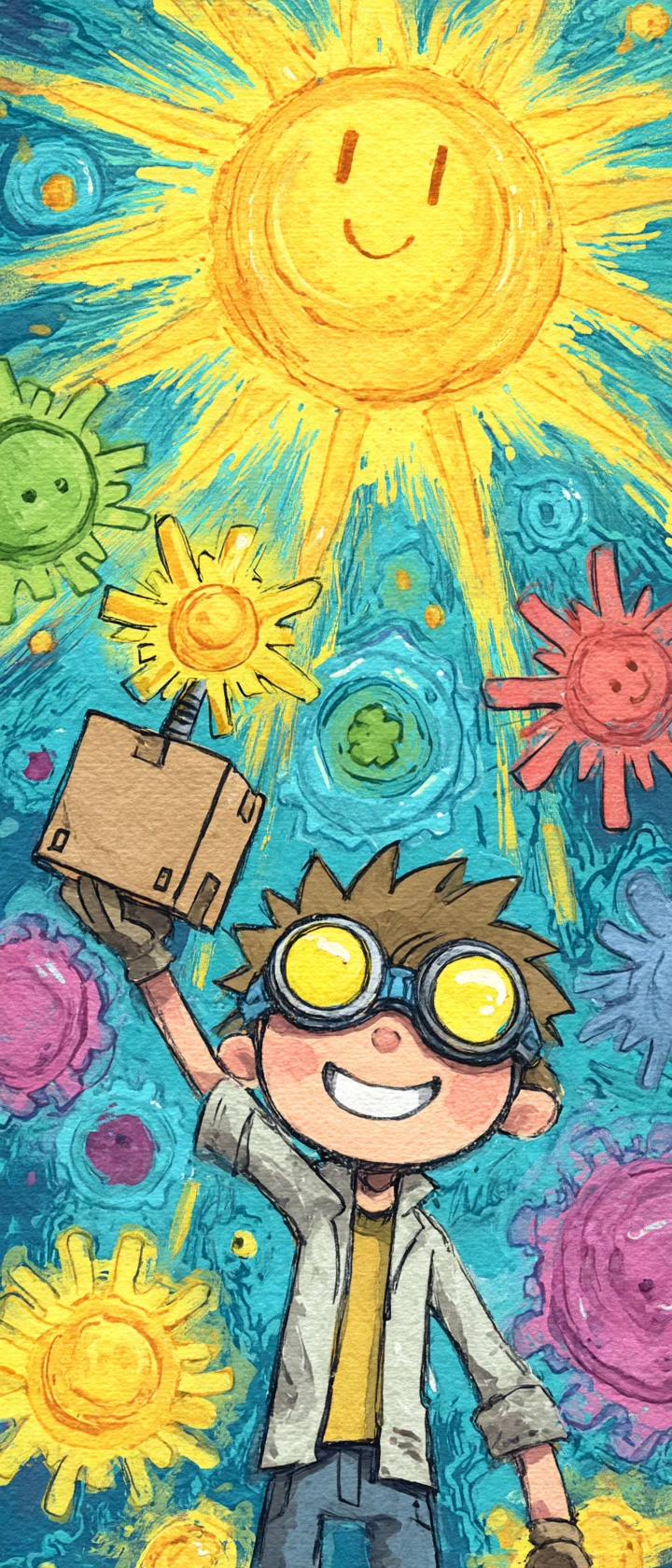 Criança inventora em estilo anime segurando uma divertida máquina de sol de papelão