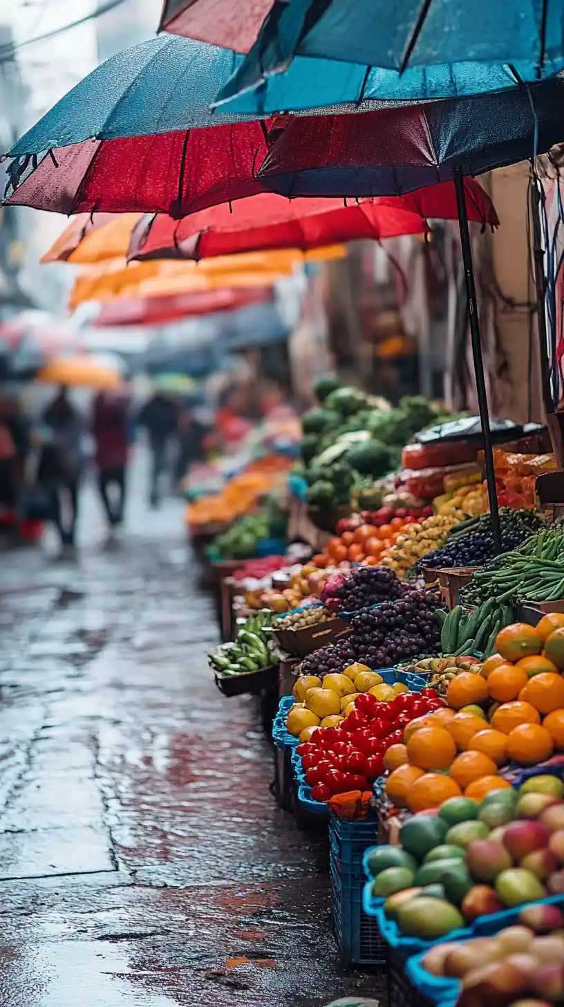 Vivace mercato di strada mattutino con colorate bancarelle di frutta e verdura