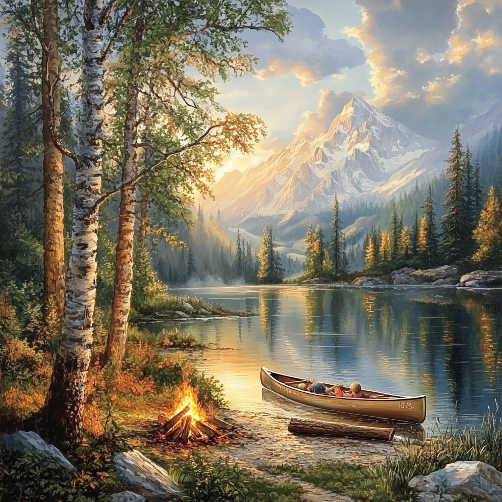 Family camping by a tranquil mountain lake at sunset